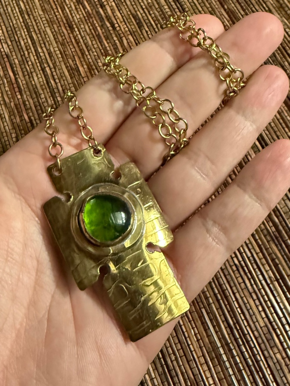 Rafael Canada Cross Necklace Brass Glass Brutalist Modernist Alfandary MCM